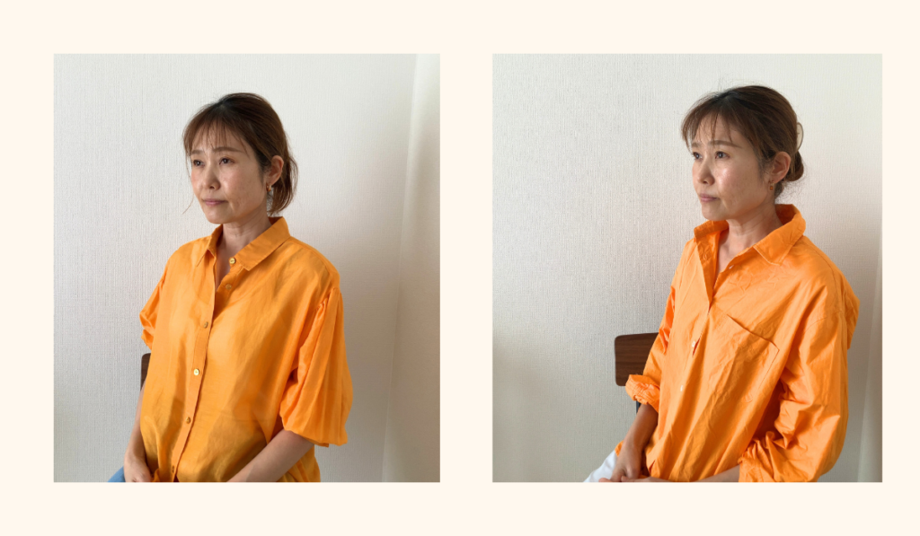 50代オレンジのシャツの着比べ
素材の違いで似合い方が違う
松戸パーソナルカラー診断・骨格診断　m.i style
